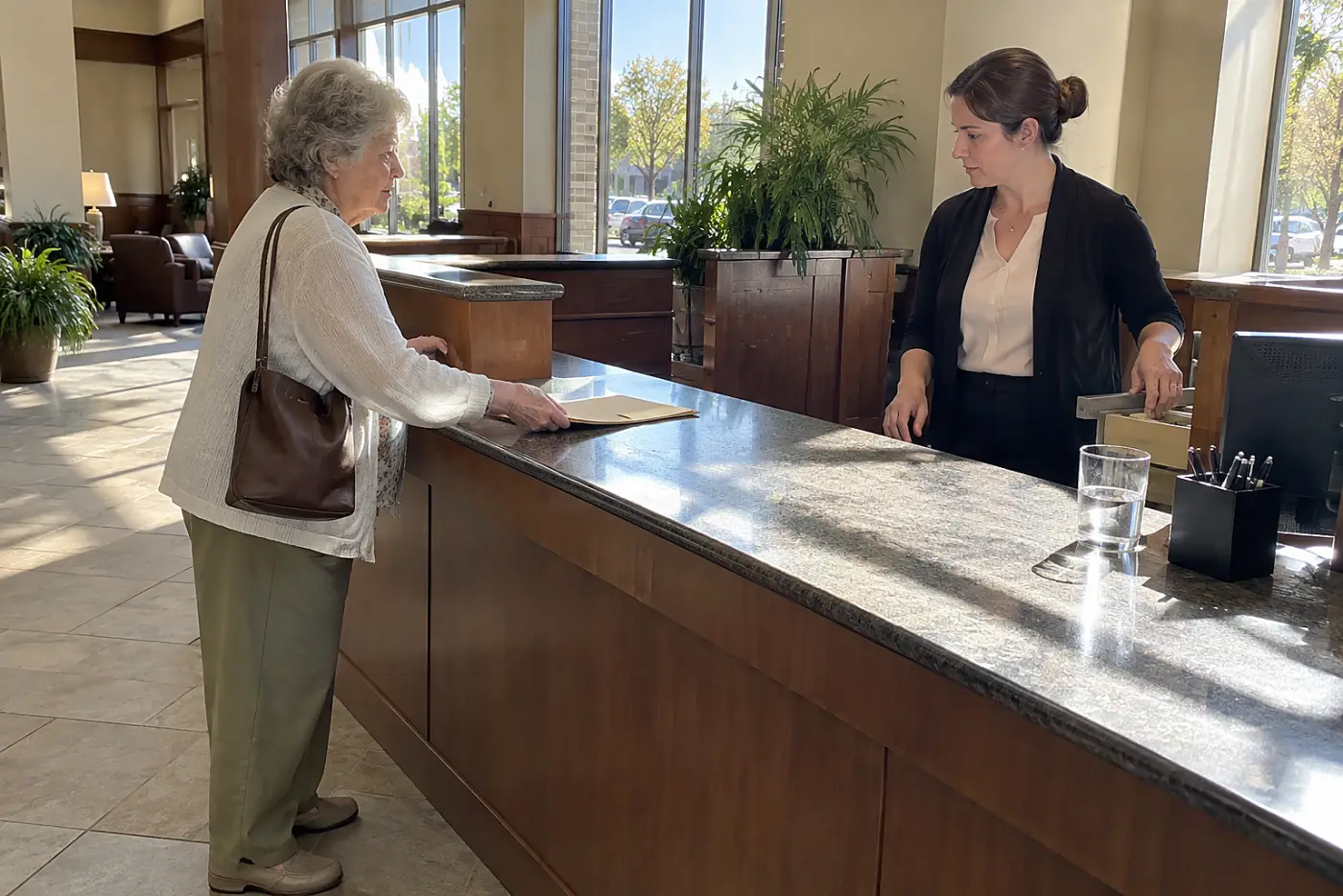 Woman speaking with a teller across a bank counter.