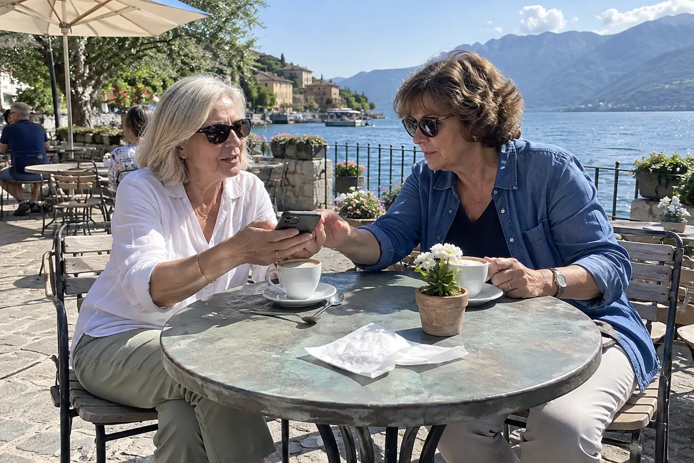 Woman talking with a friend about messages on her phone at a café table.