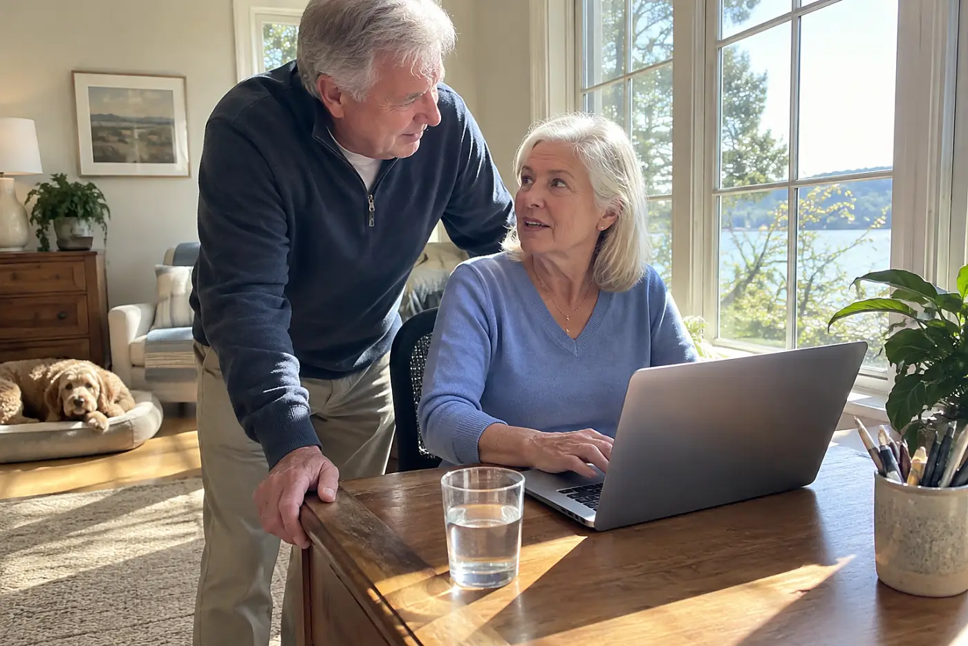 Woman checking an investment firm on a laptop at her desk.