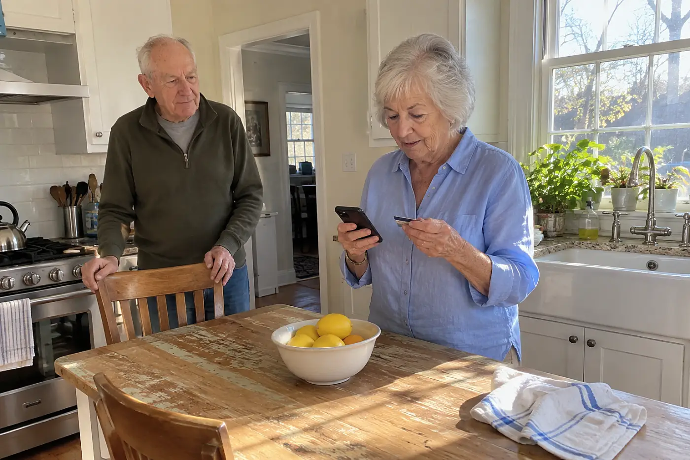 Woman dialing the fraud number on her bank card in her kitchen.