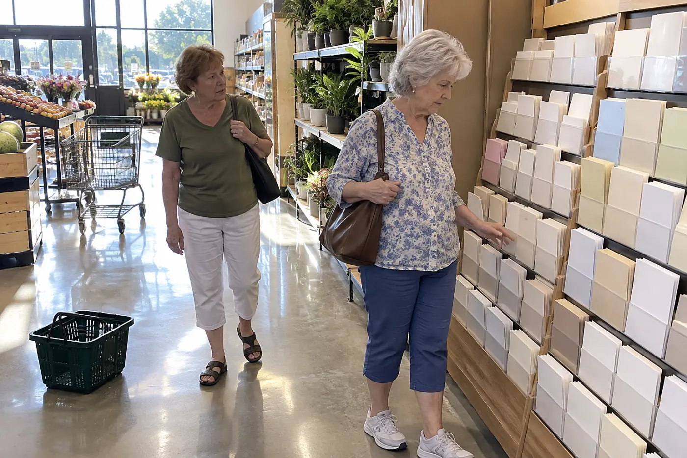Woman pausing beside a gift card display in a grocery store.