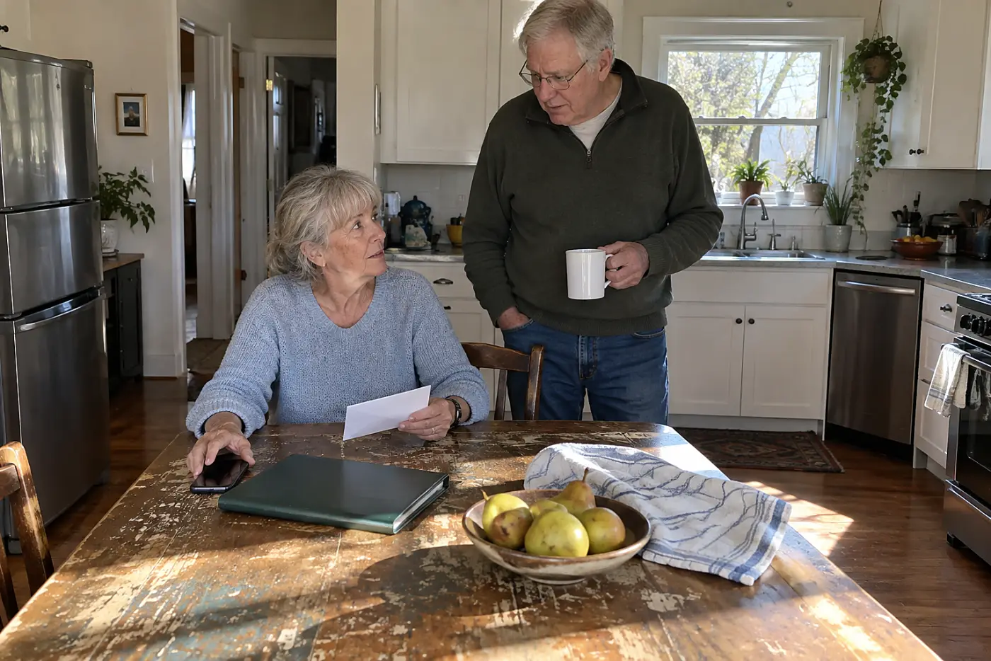 Woman holding a deposited check beside her bank statement at the kitchen table.