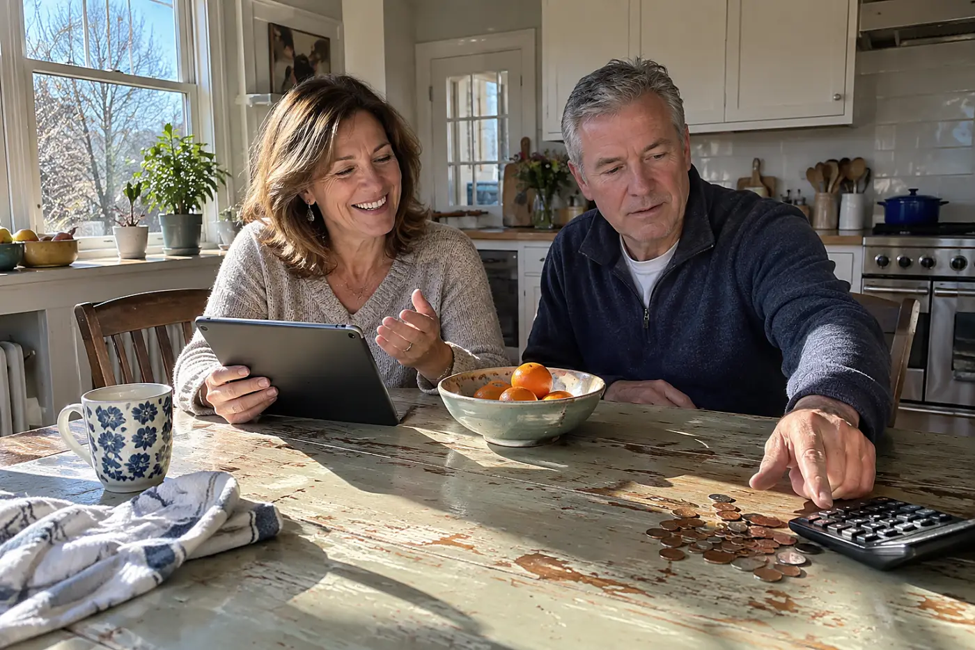 Woman reviewing subscription charges on a tablet at her kitchen table.