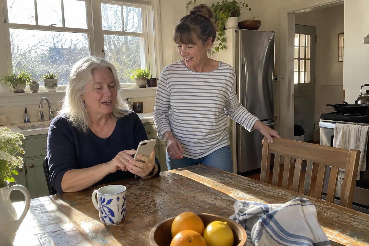 Woman holding a phone displaying a sign-in code at her kitchen table.