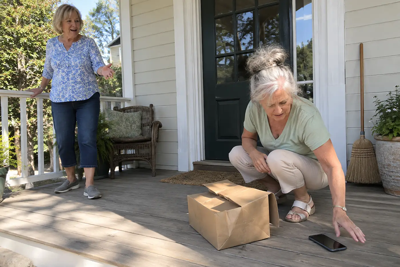 Woman checking an order email beside a delivered package on her porch.