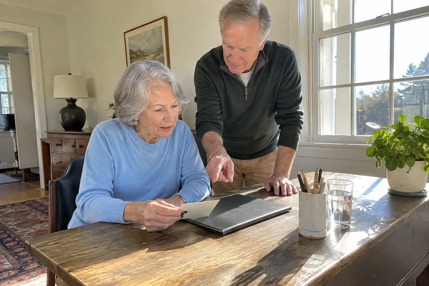 Woman comparing a Medicare Summary Notice with her card at a desk.