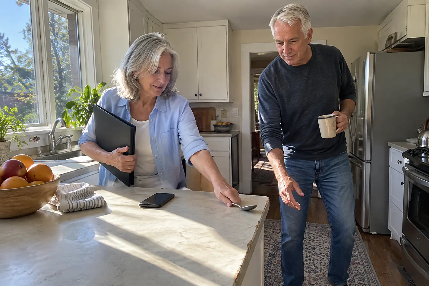 Woman placing an IRS notice beside her phone on a kitchen counter.