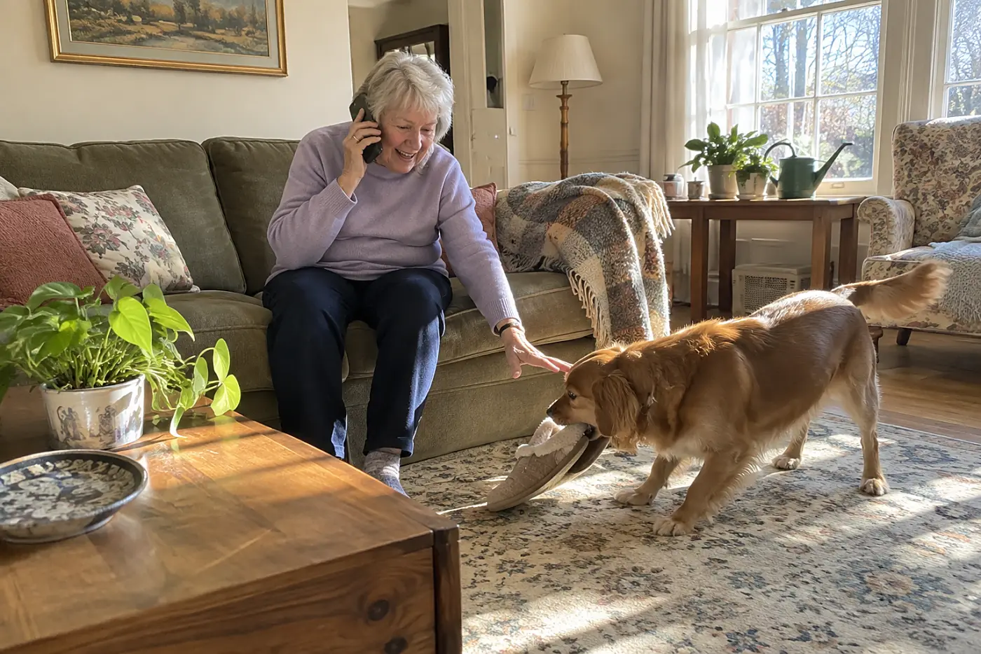 Grandmother calling a saved family contact from her living room sofa.