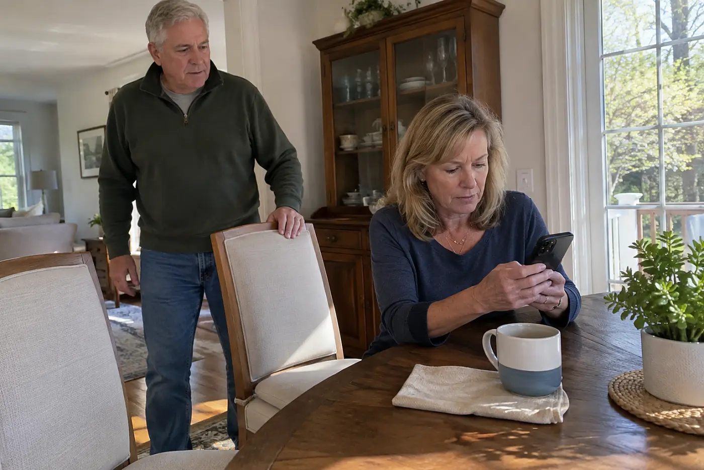 Woman opening her banking app while a text waits on her phone at the dining table.