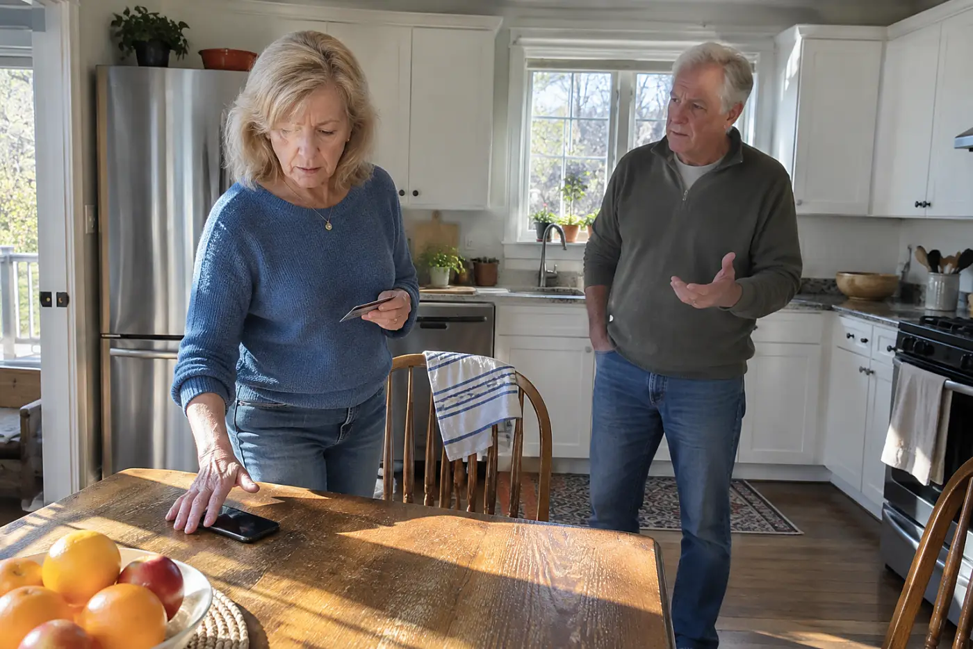 Older woman comparing an incoming call with the number on her bank card in her kitchen.