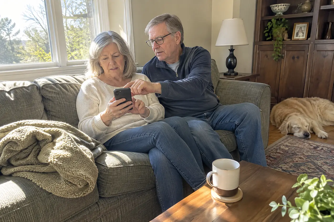 Woman opening an account app after receiving a reset message at home.