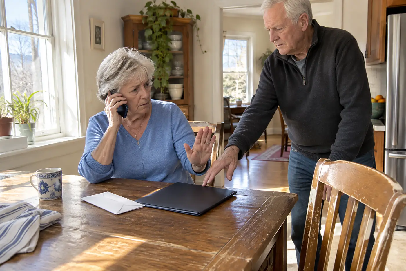 Woman calling a creditor with a statement and letter on her kitchen table.