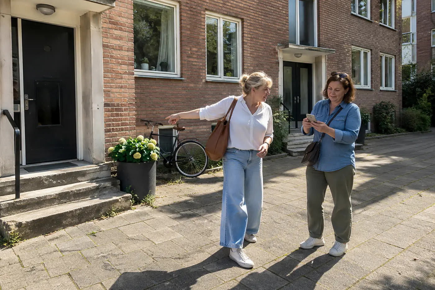 Woman comparing rental photos on her phone outside an apartment building.