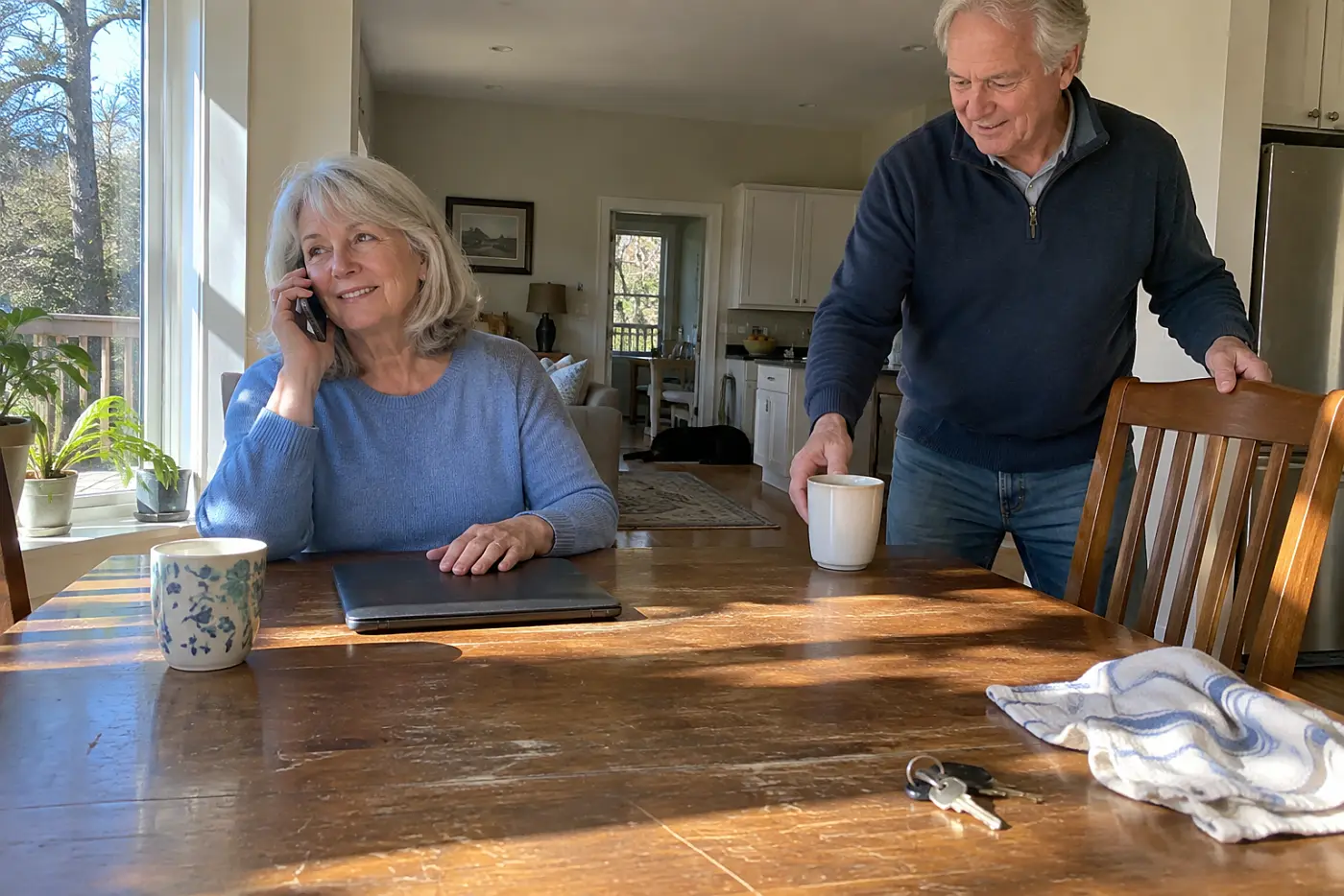 Woman phoning her closing agent with paperwork spread across a dining table.