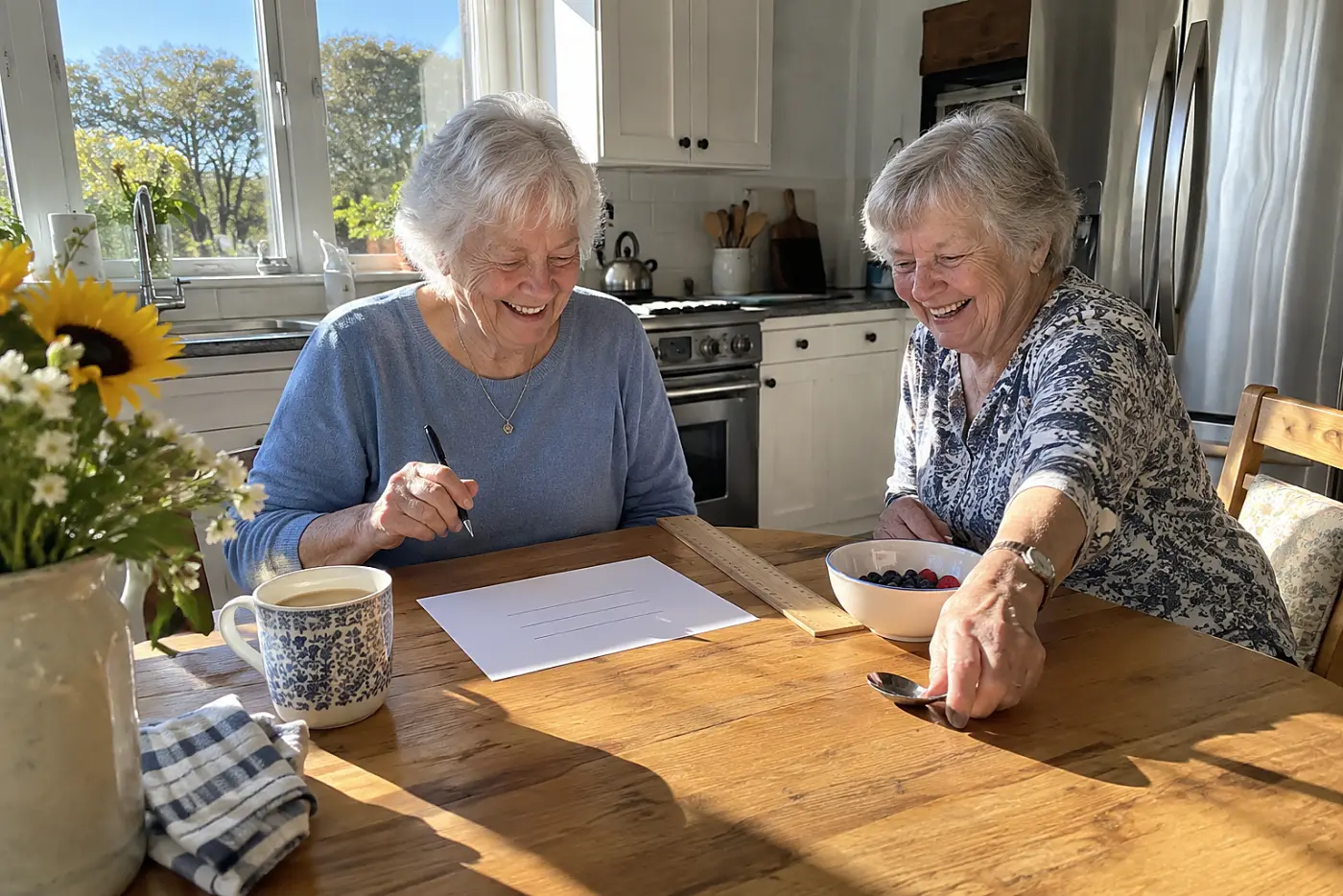 Woman filling three columns on a sheet of paper at her kitchen table.