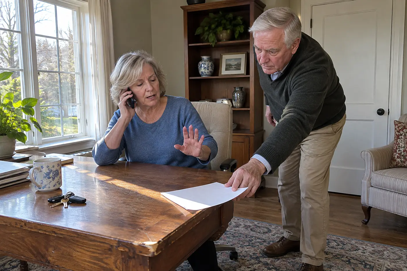 Woman calling Social Security with benefit notes spread across her desk.