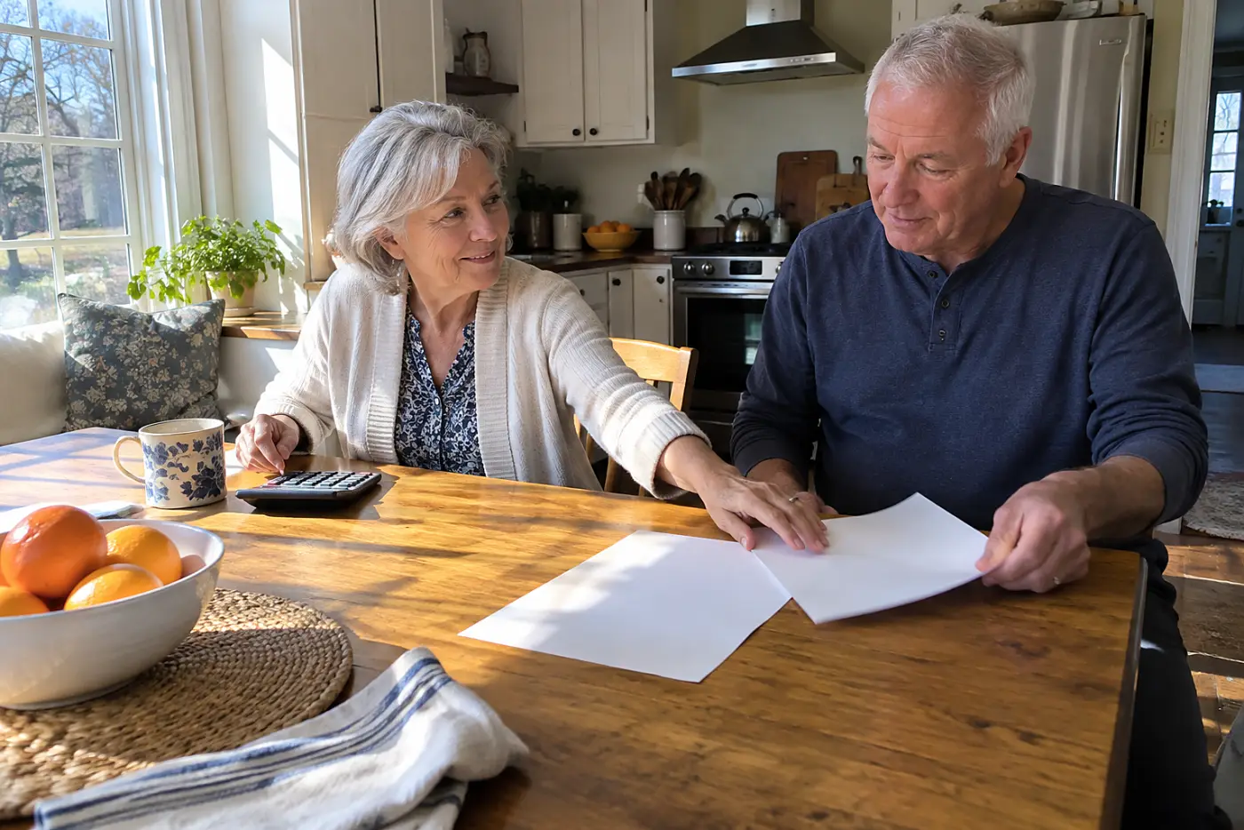 Woman using a calculator beside two printed benefit estimates in her kitchen.