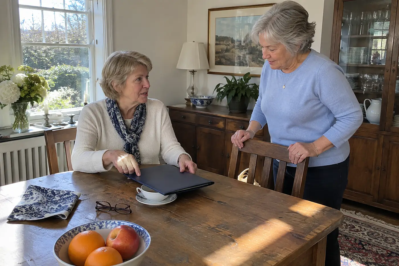Older woman reading a travel insurance policy at her dining room table.