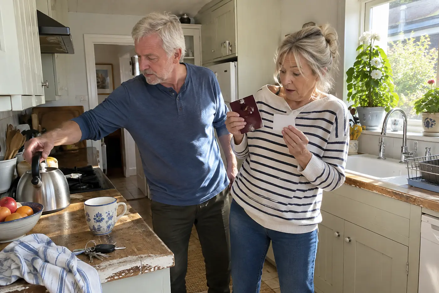 Older woman comparing a passport with a flight confirmation at her kitchen table.