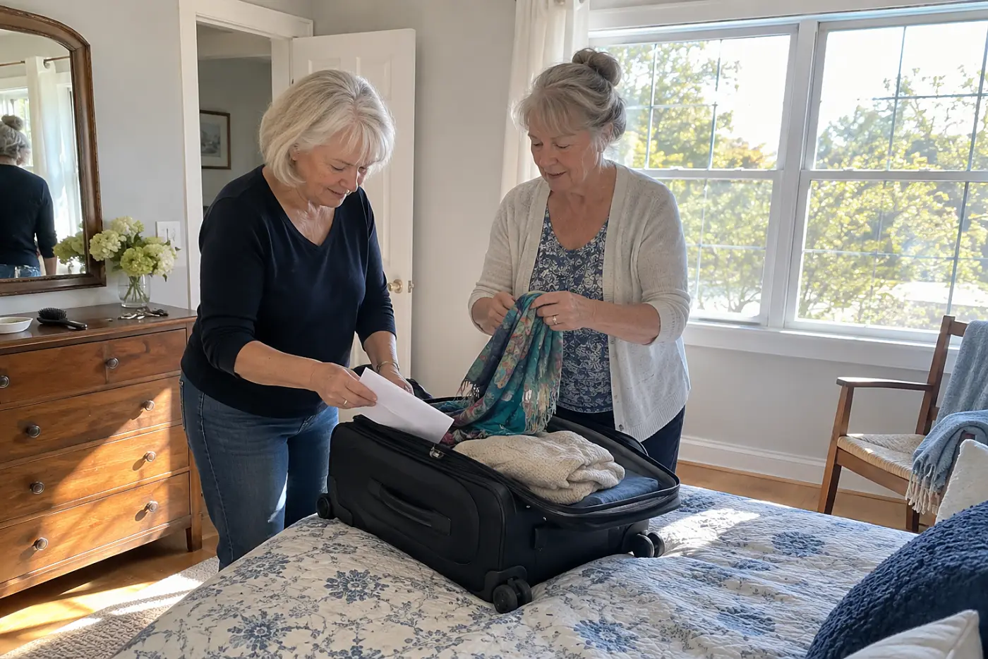 Older woman putting a passport photocopy into her carry-on at home.