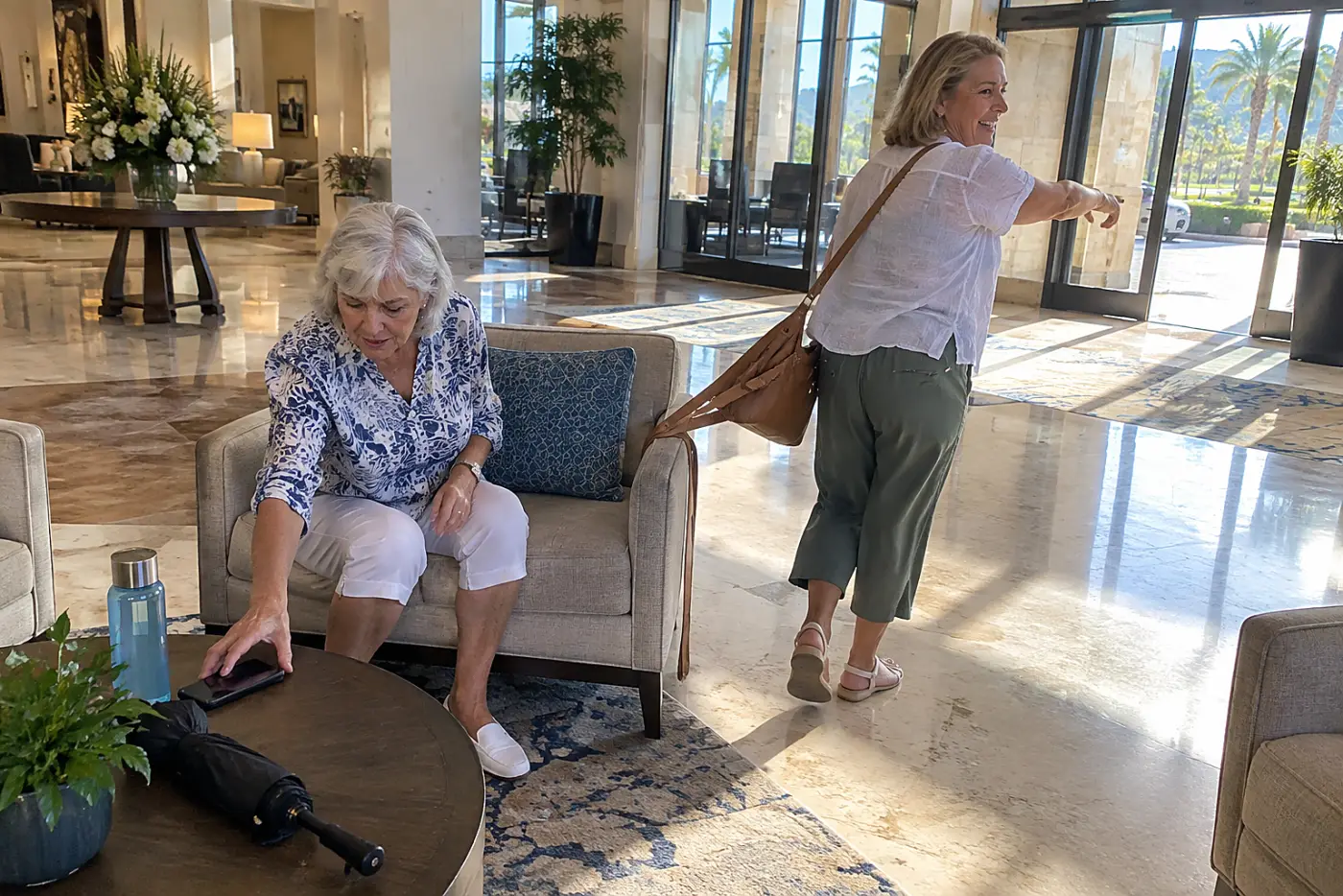 Older woman saving her hotel's location on a phone in a hotel lobby.