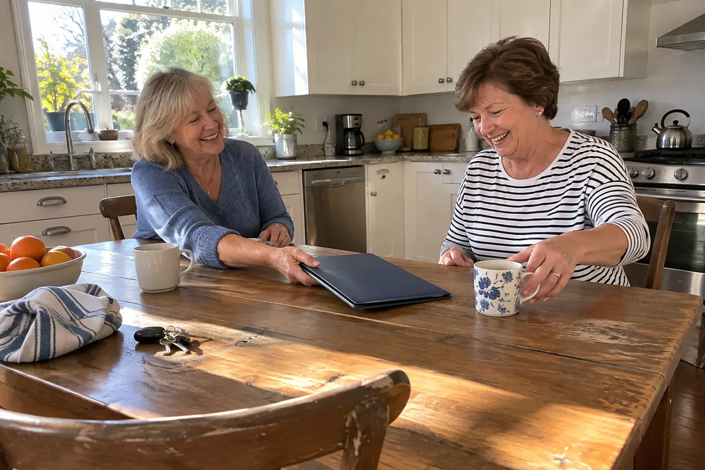 Older woman reviewing a written check-in plan with a friend at a kitchen table.