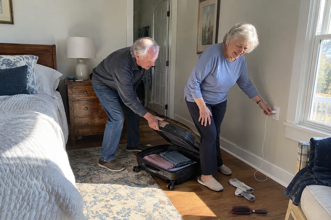 Older woman testing a charging cable beside an open carry-on bag in her bedroom.