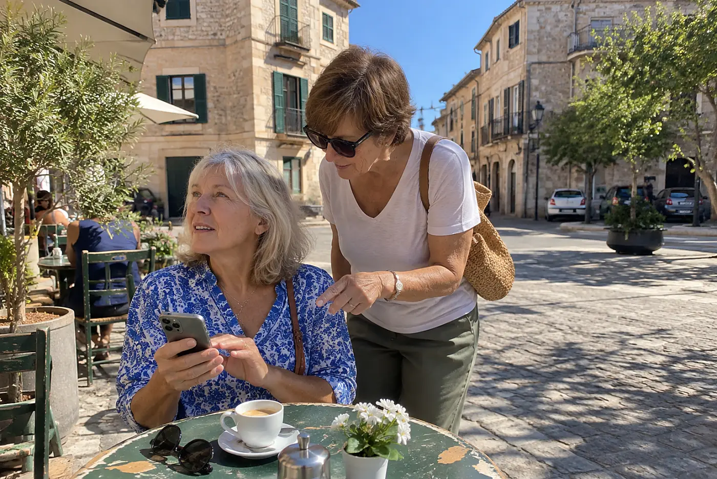Older woman checking an offline map on her phone at a café table.