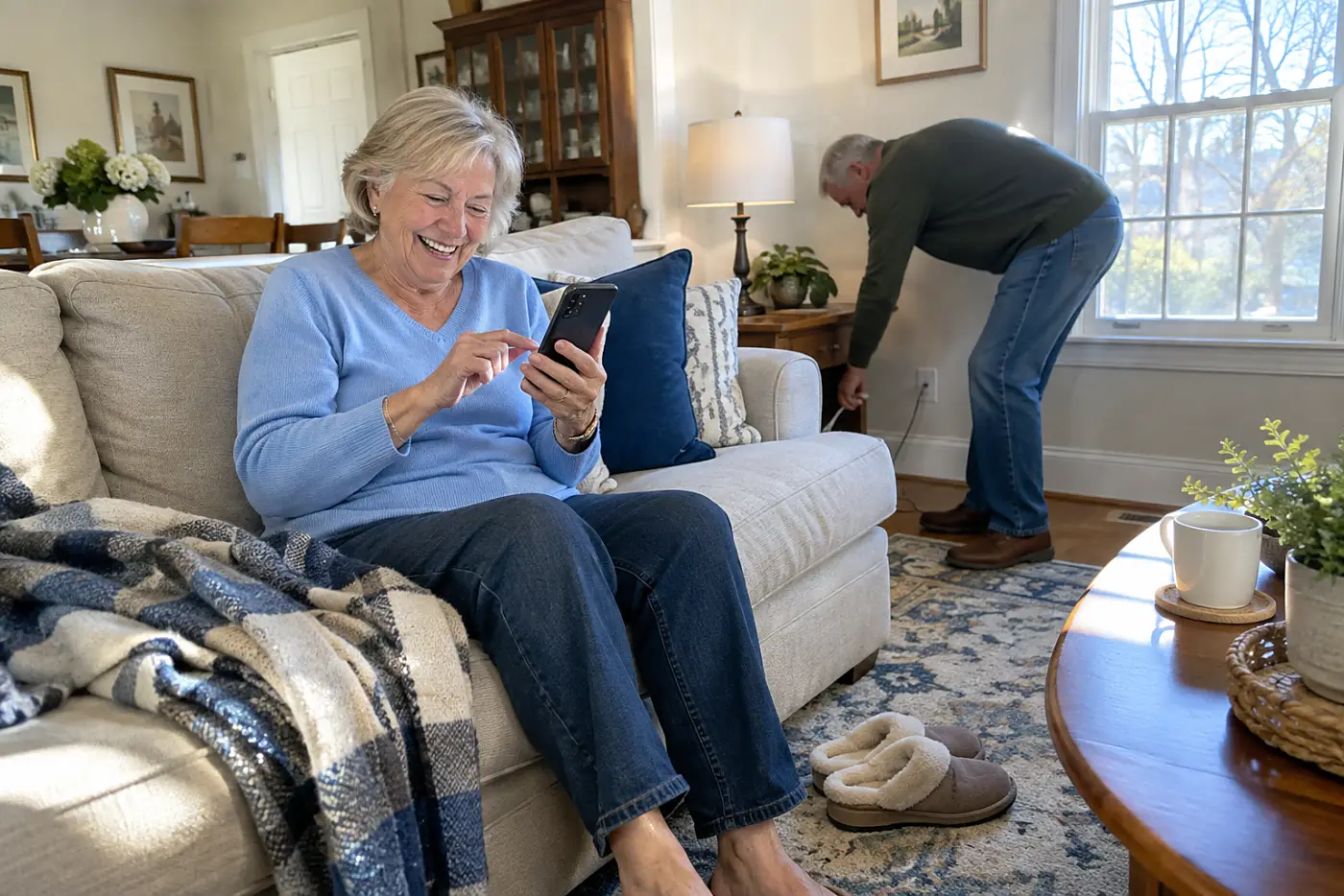 Older woman taking a screenshot of a hotel confirmation while sitting at home.