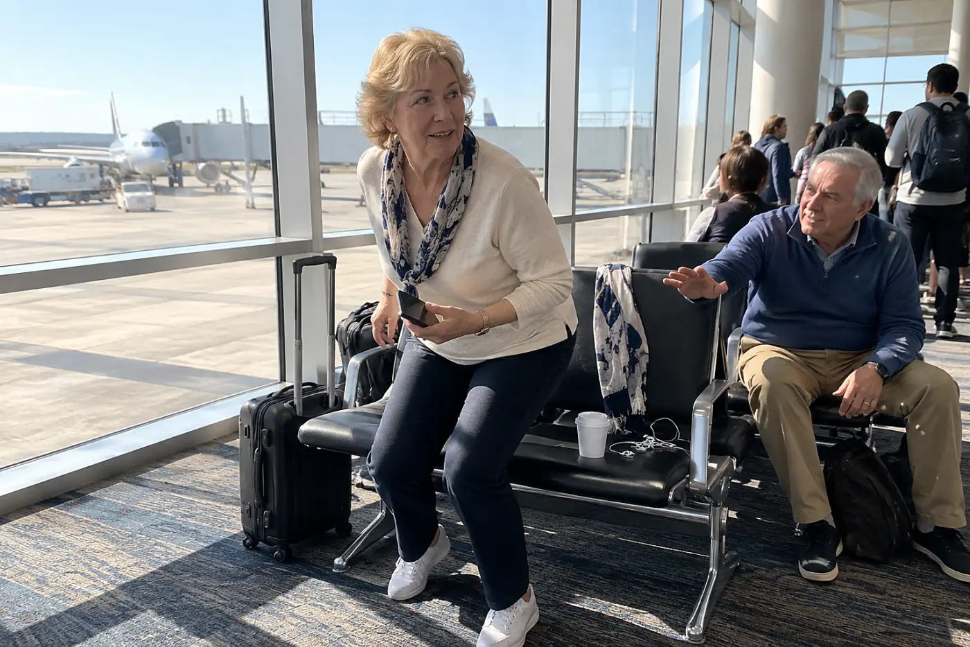 Older woman forwarding a flight confirmation from her phone at an airport gate.