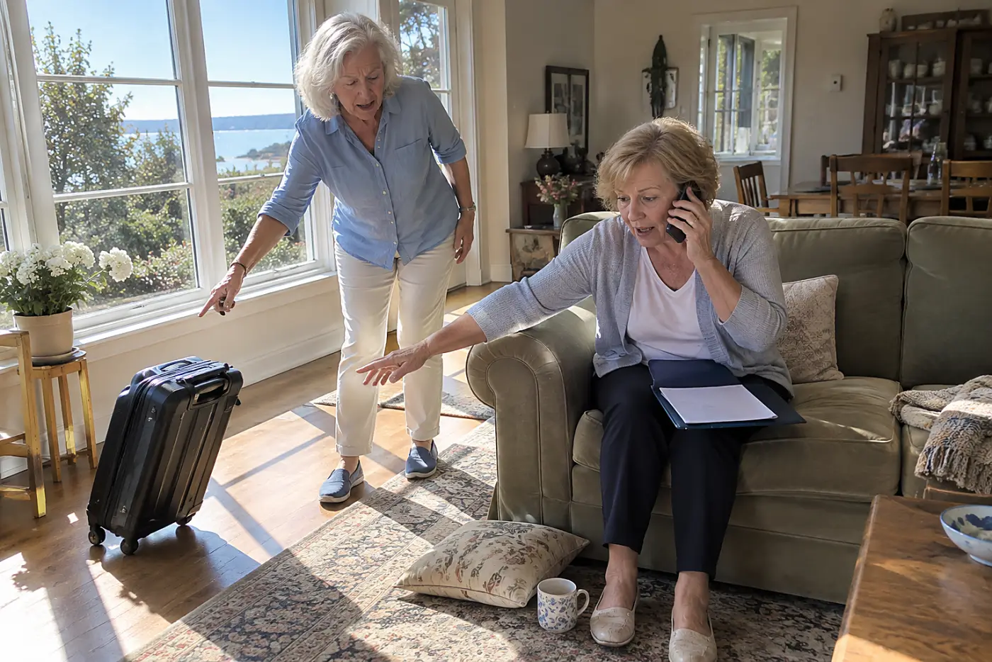Older woman speaking to a friend on the phone while reviewing an itinerary at home.