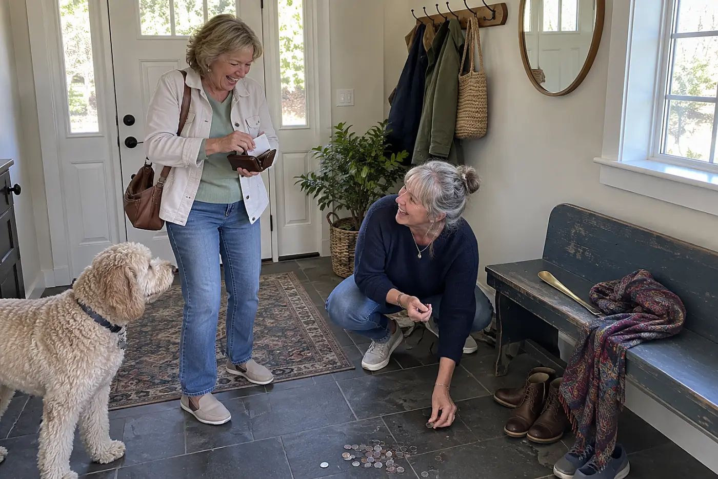 Older woman tucking a handwritten medicine list behind her driver's license at home.