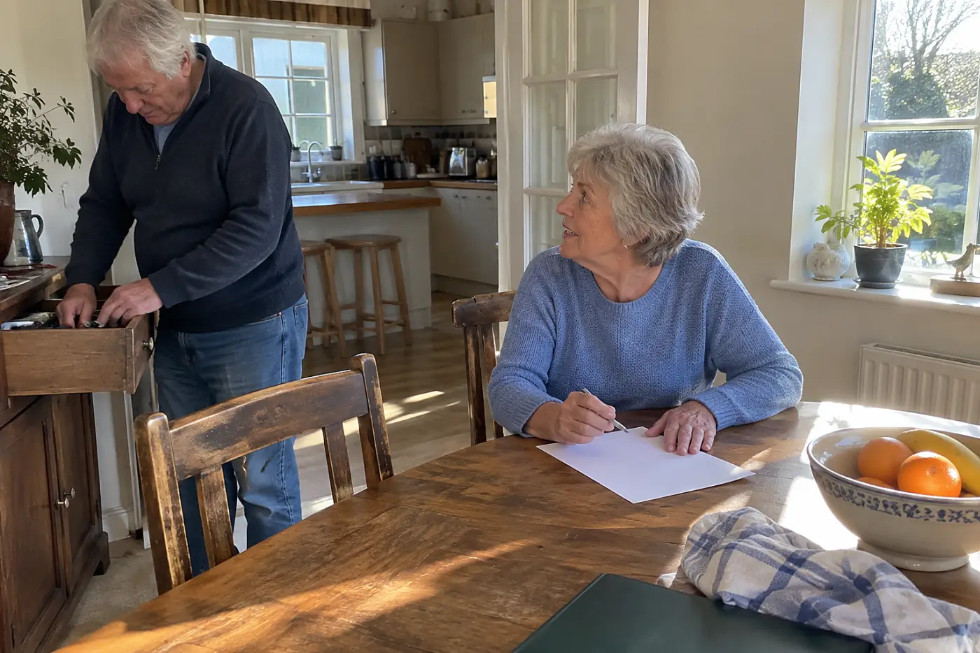 Older woman circling a phone number on a travel insurance document at her kitchen table.