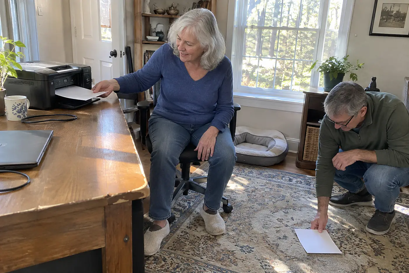 Older woman printing an insurance card at a desk in her home office.