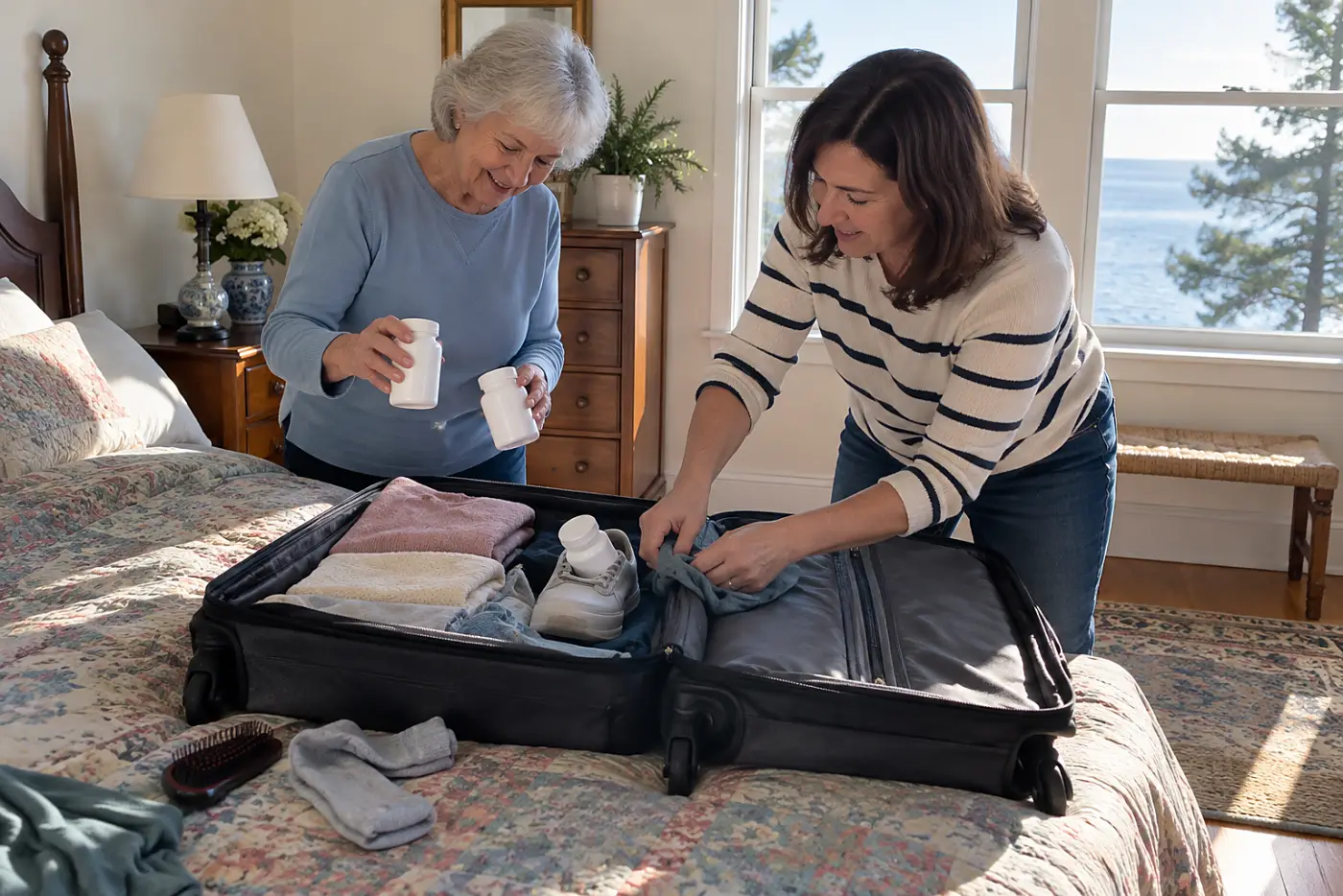 Older woman placing labeled medicine bottles into a carry-on bag on her bed.