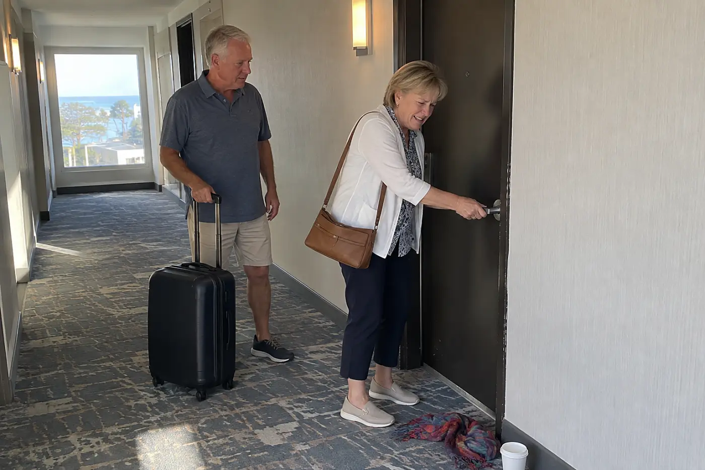 Older woman testing a hotel room door handle with her suitcase beside her.