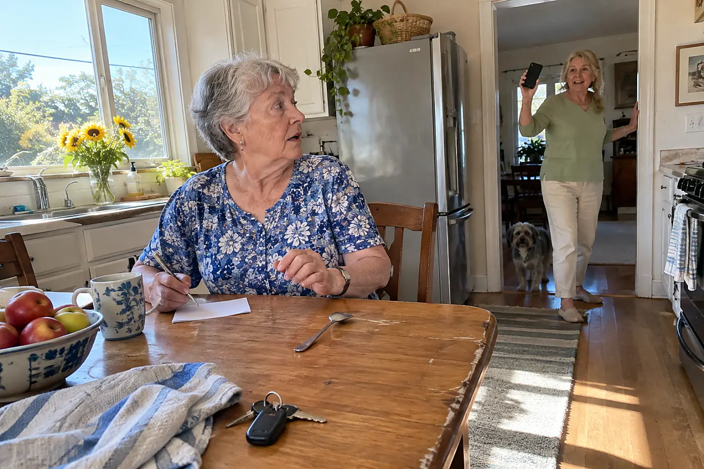 Older woman writing an emergency number beside a hotel address at her kitchen table.