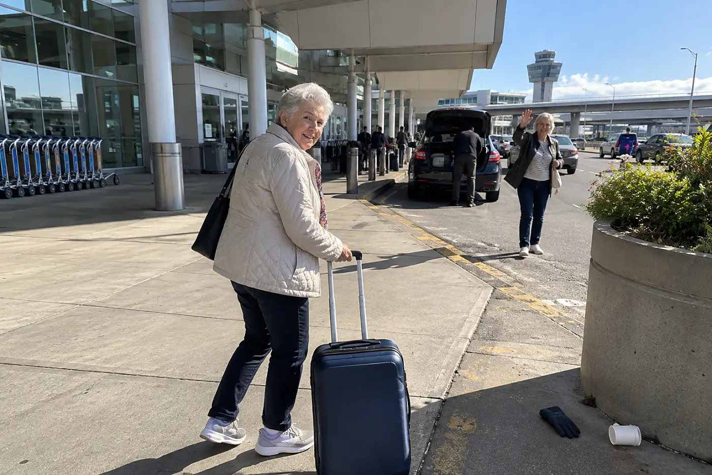 Older woman reading a taxi pickup sign outside an airport terminal.