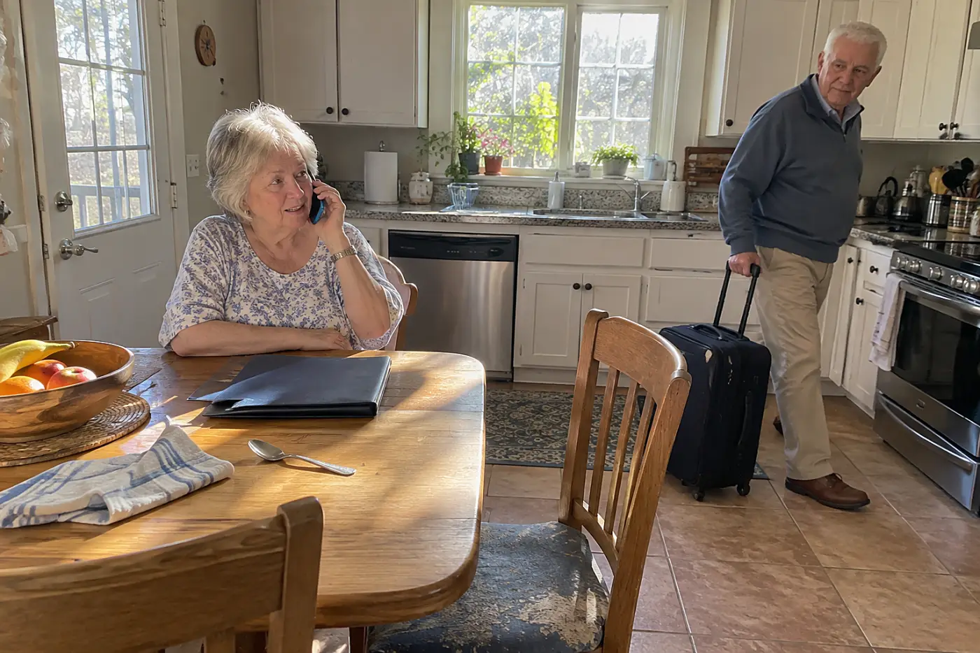 Older woman calling a hotel from her kitchen table with a flight confirmation open.