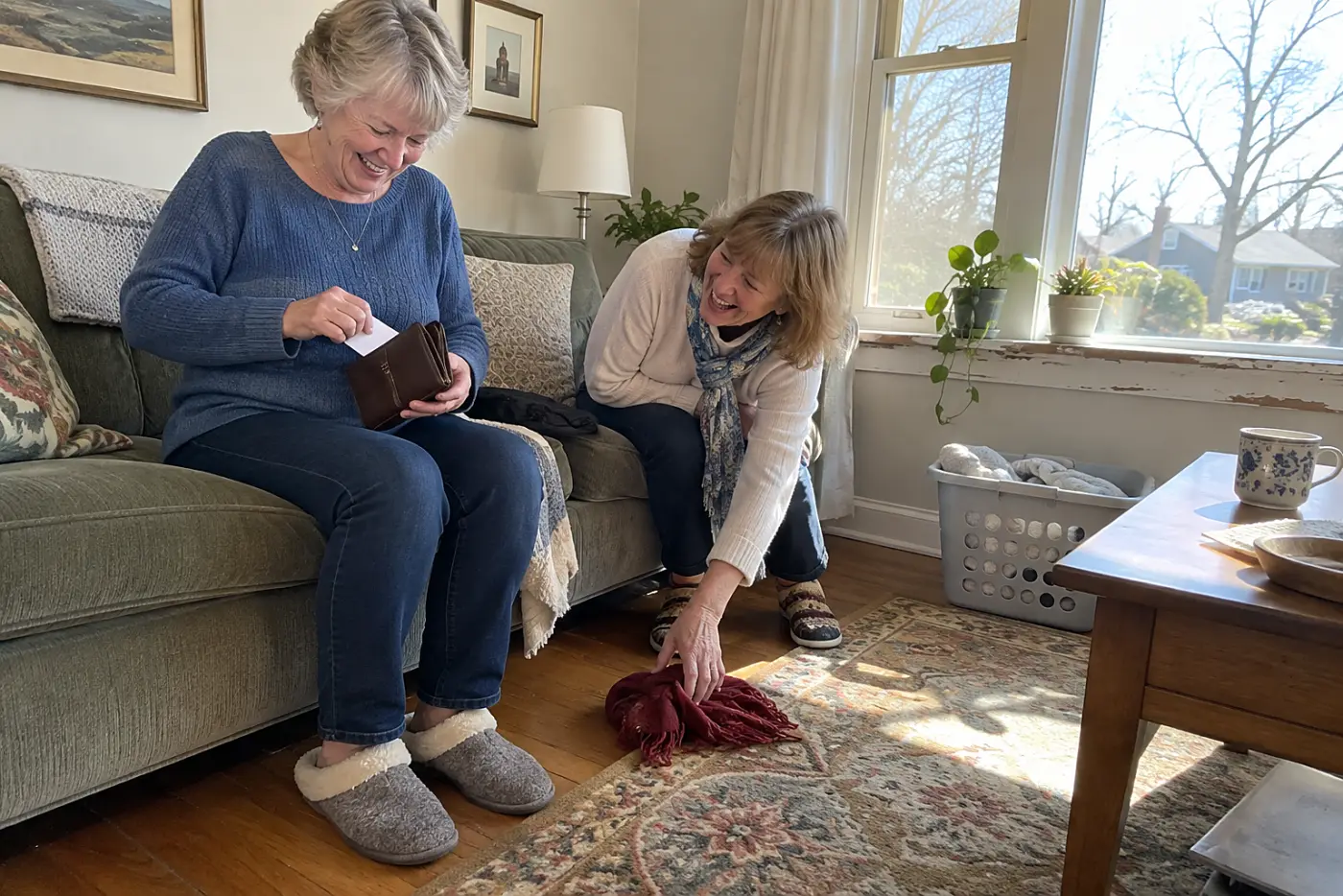 Older woman slipping a handwritten hotel address into her wallet at home.
