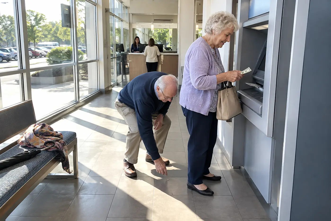 Older woman withdrawing cash from an ATM inside an open bank branch.
