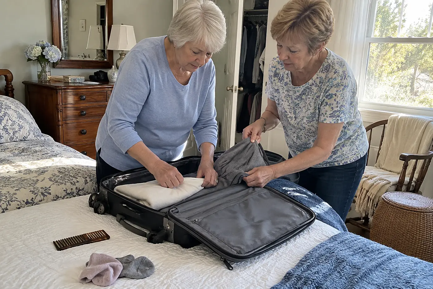 Older woman placing a passport photocopy in a suitcase pocket at home.