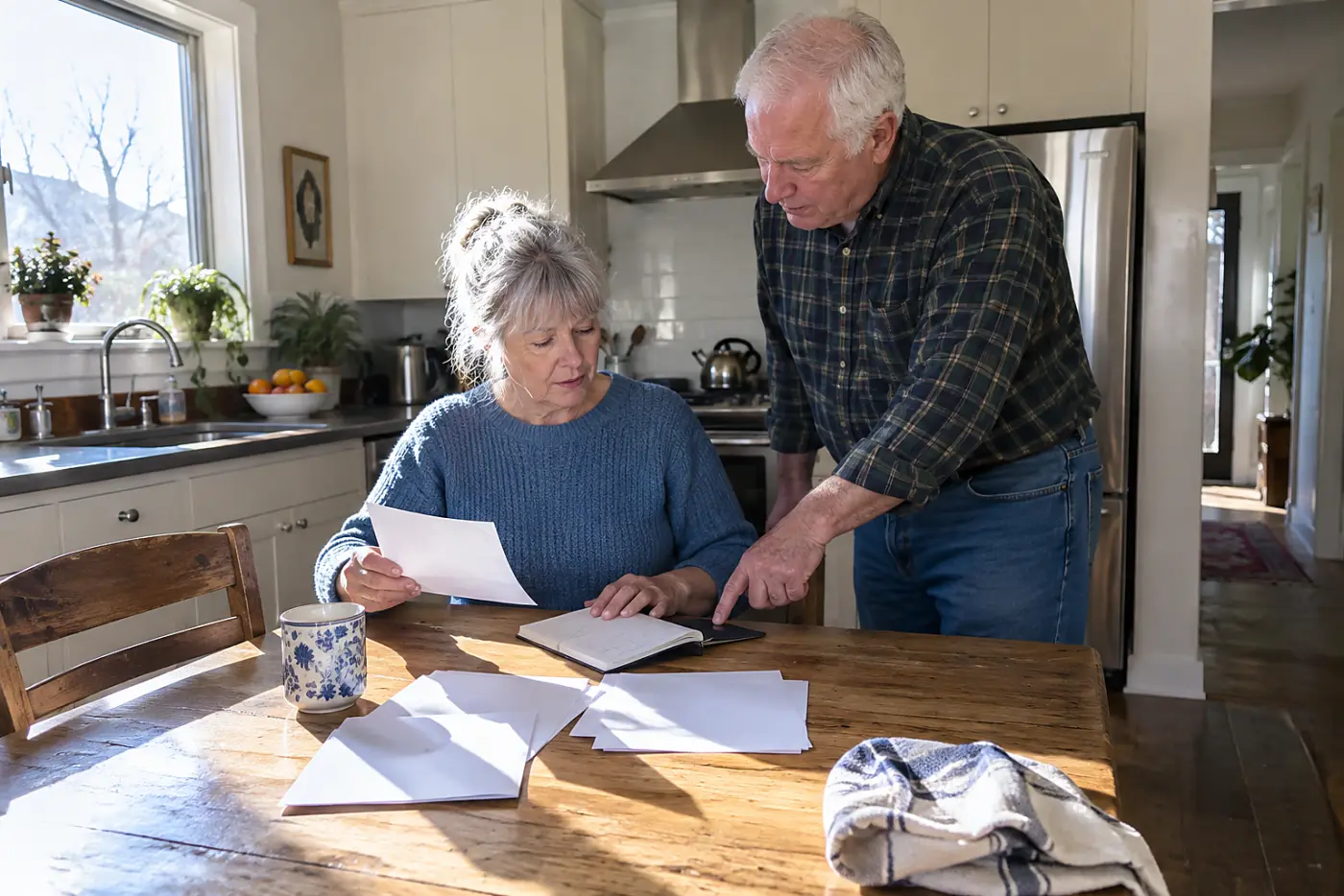 Older woman matching bill due dates to a checkbook at her kitchen table.