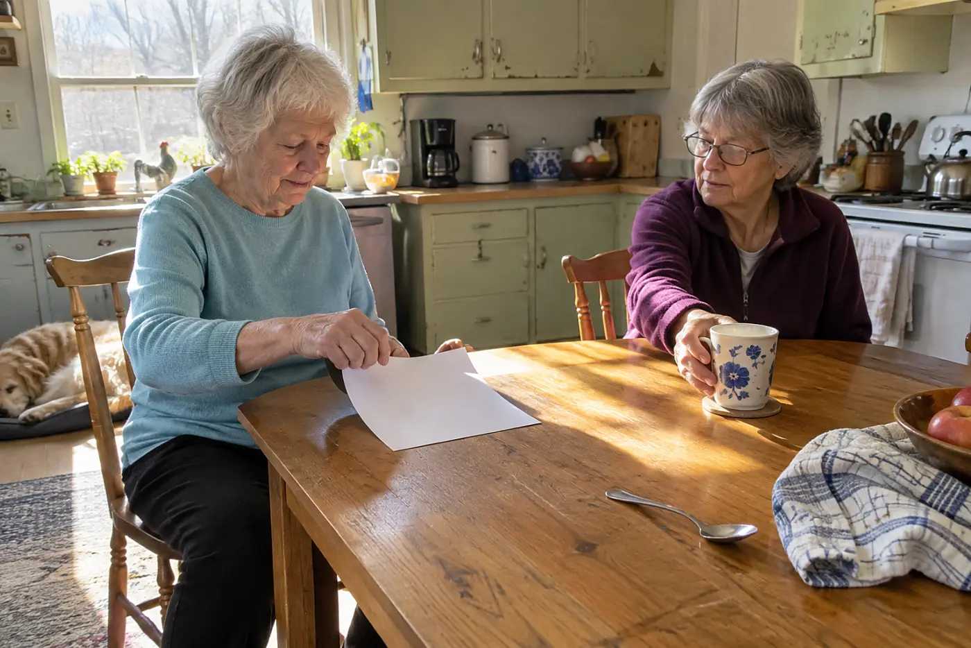 Older woman examining a recorded deed at her kitchen table.
