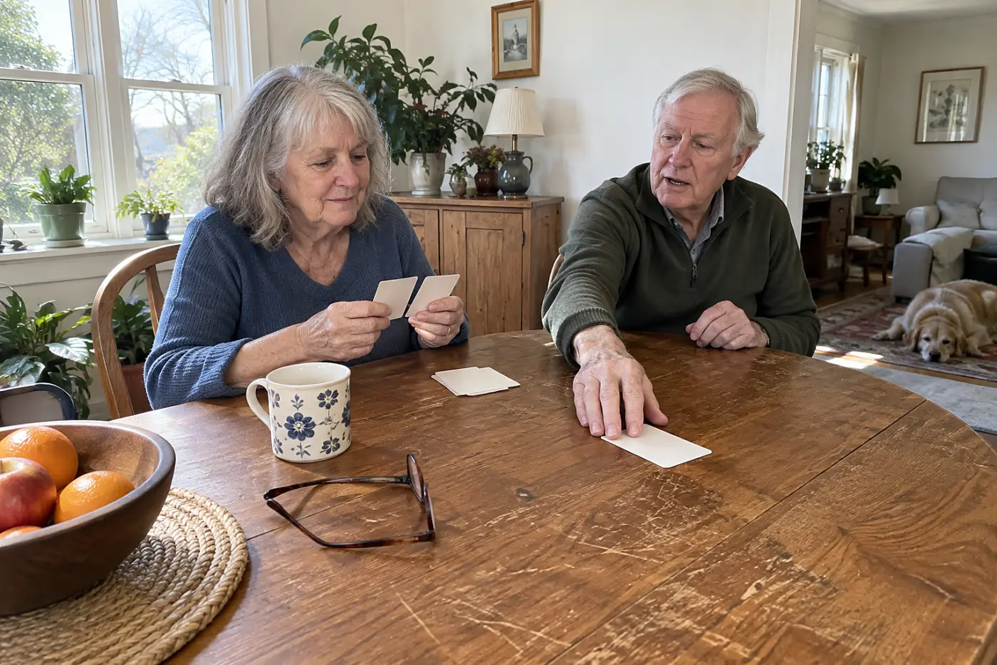 Older woman comparing two credit cards with a statement at home.