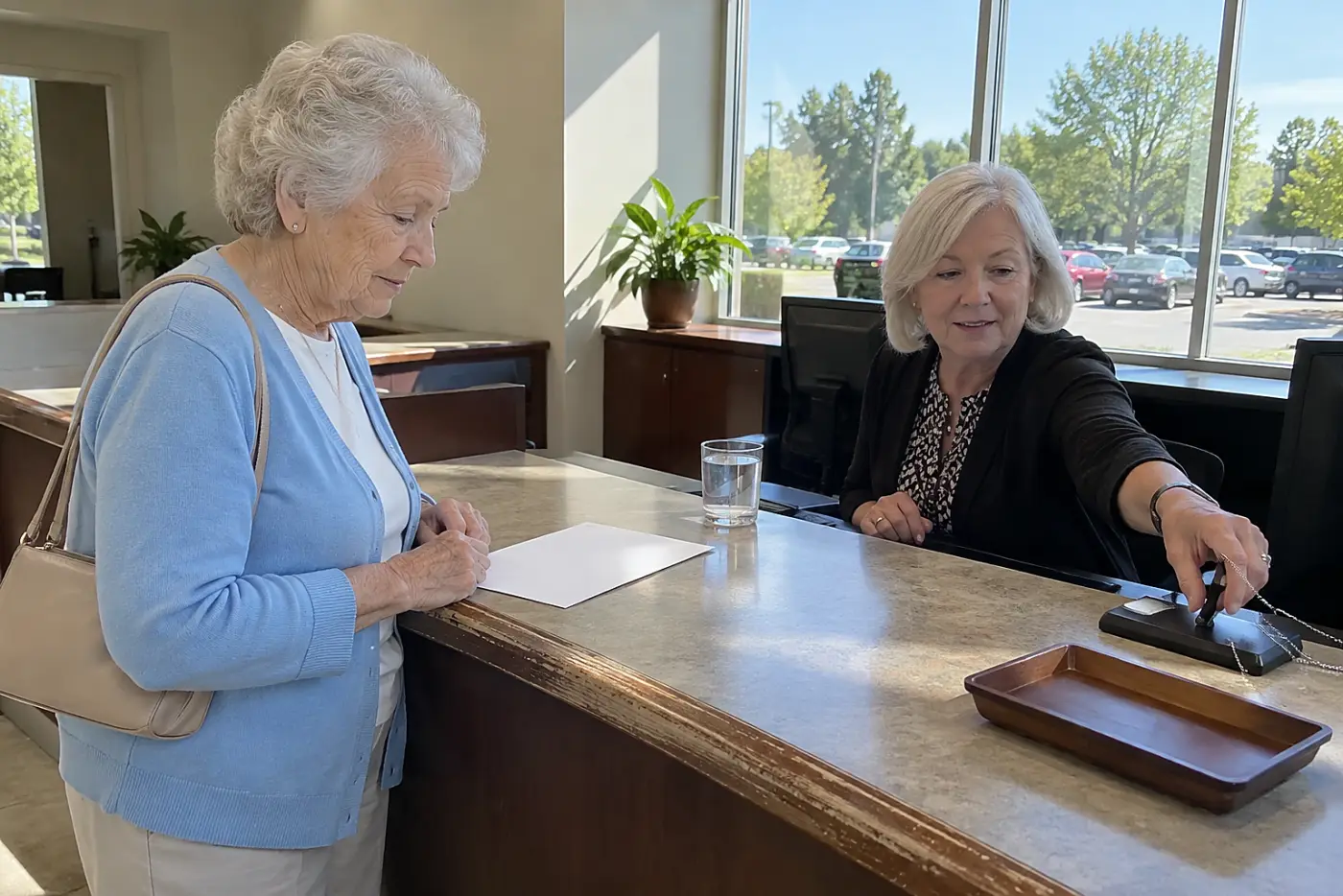 Older woman reviewing a joint checking statement at a bank counter.