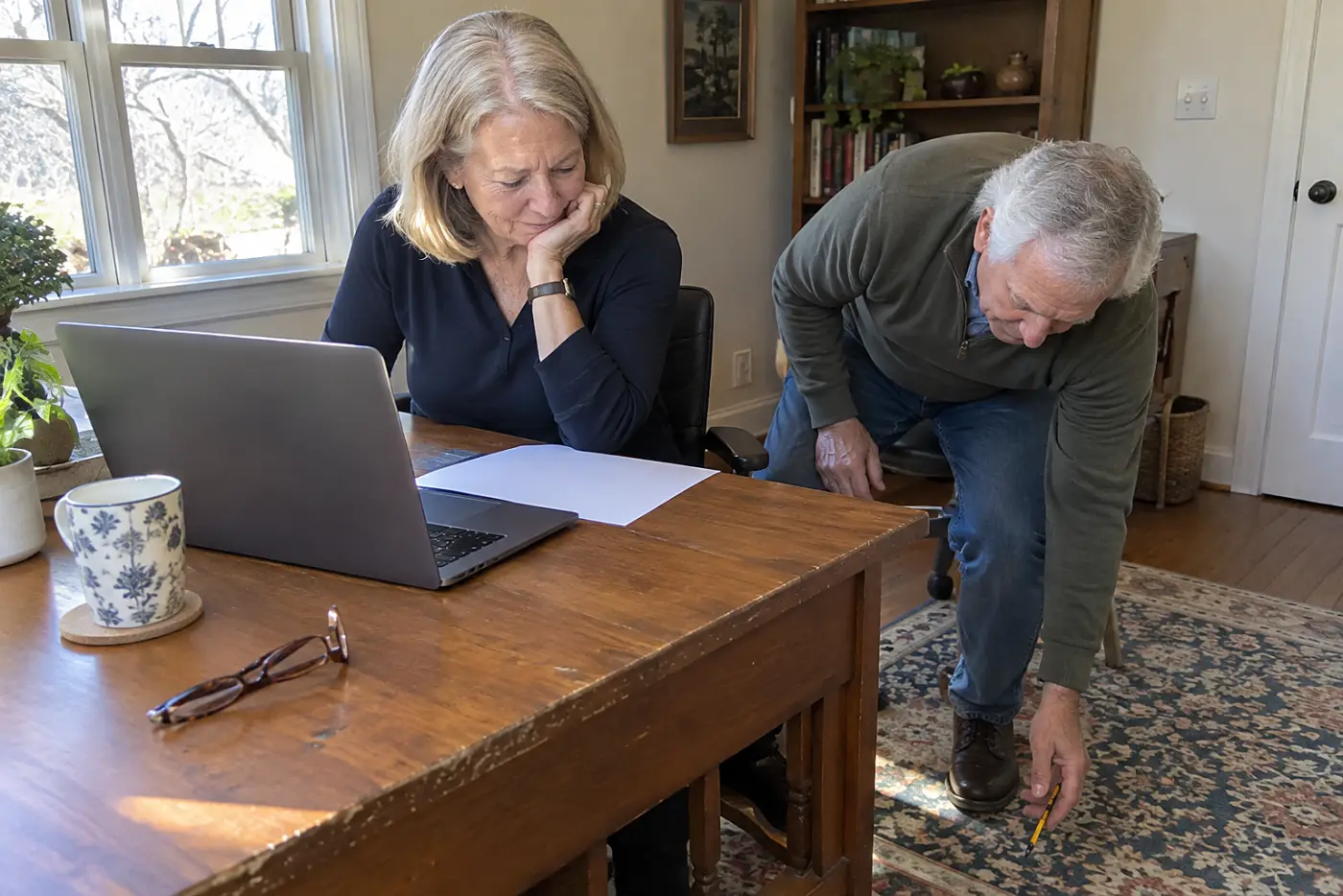 Older woman reading an IRA statement beside her laptop at home.