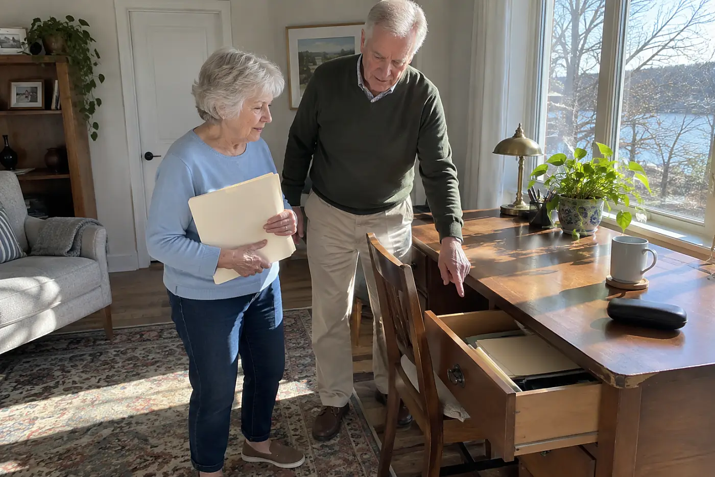 Older woman holding workplace retirement plan papers at her home desk.