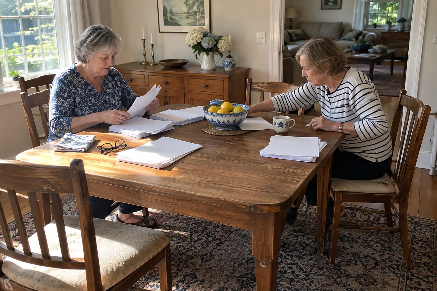 Older woman sorting insurance statements on her dining room table.