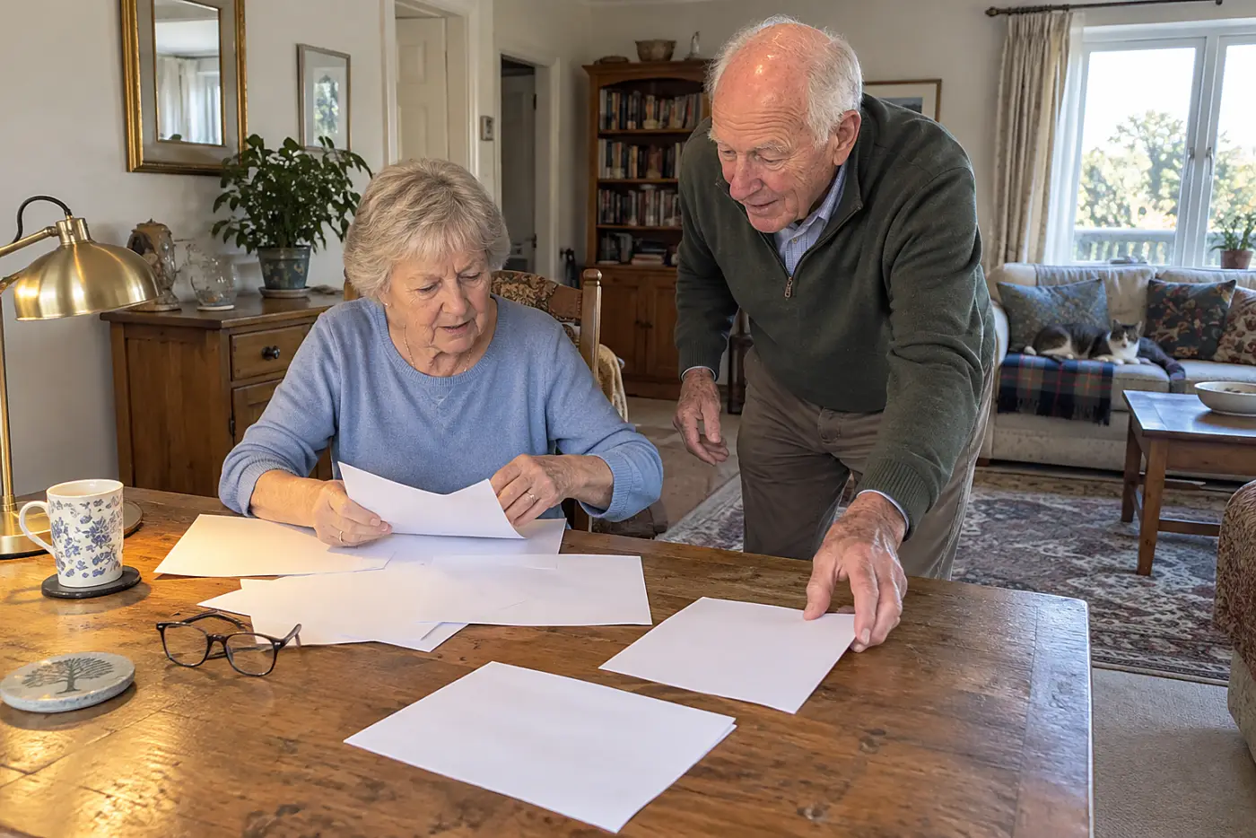 Older woman examining pension papers beside a desk lamp at home.